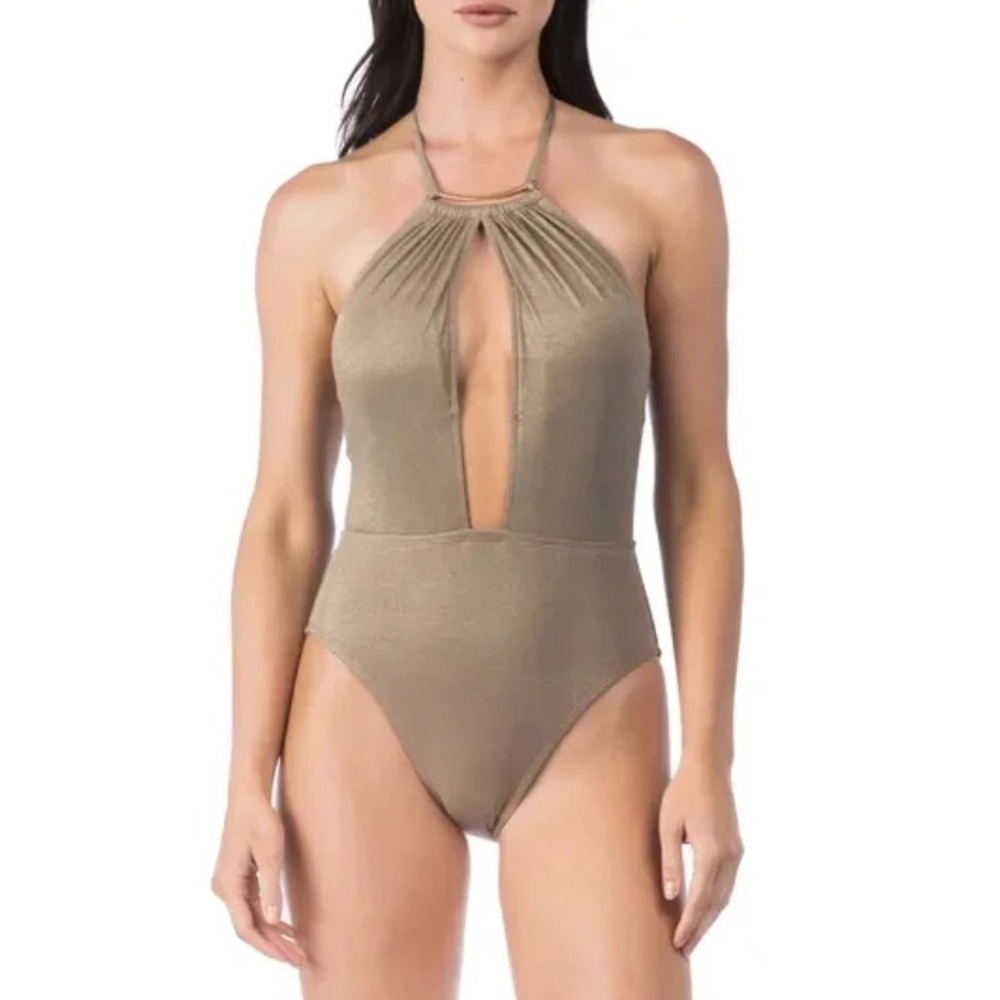 Kenneth Cole Medium Brown & Gold Shimmer Tummy Toner 1 Piece Halter Bathing Suit